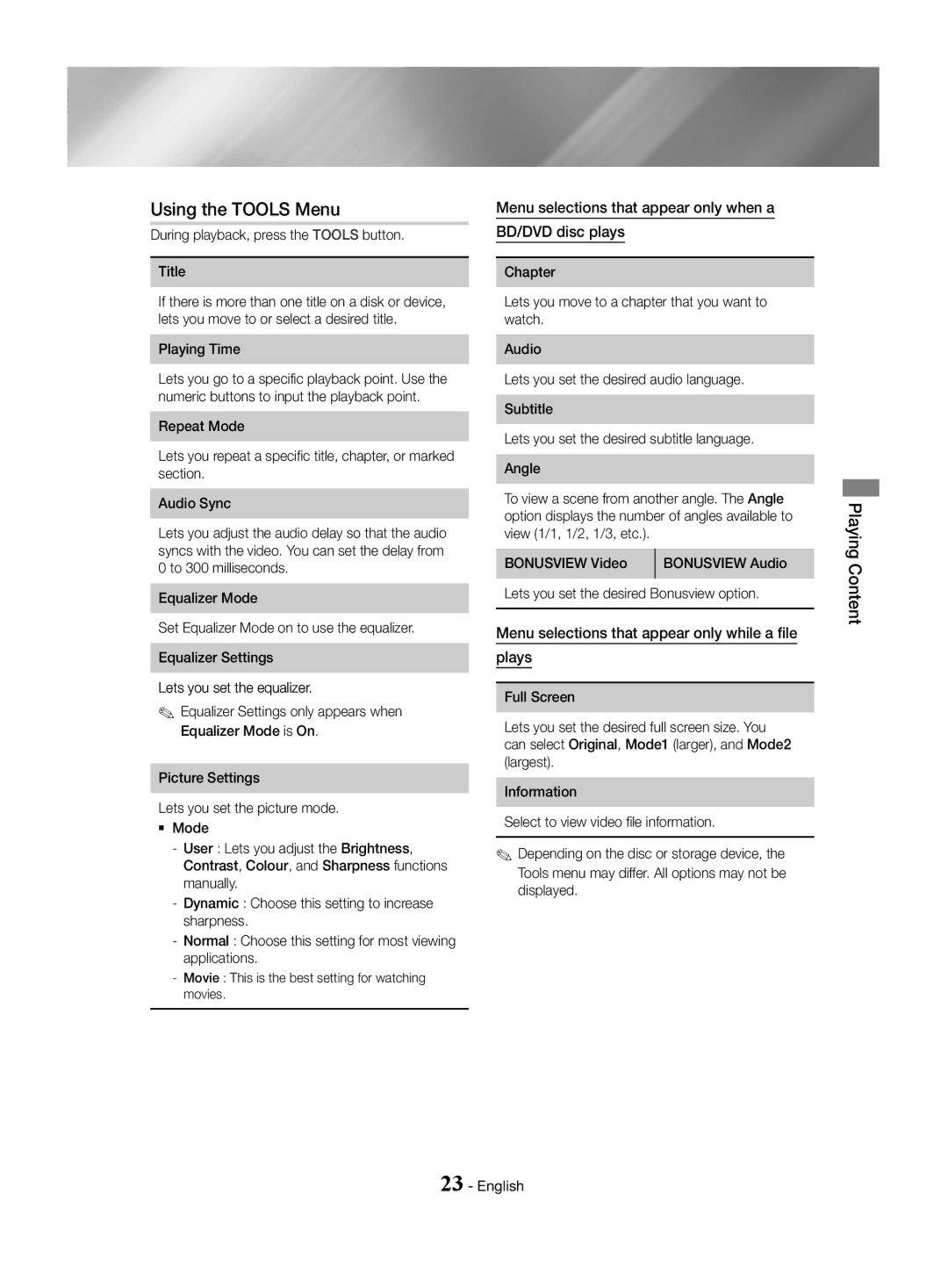 Samsung HT-J4500/EN, HT-J4550/EN manual Using the Tools Menu, Menu selections that appear only when a BD/DVD disc plays 