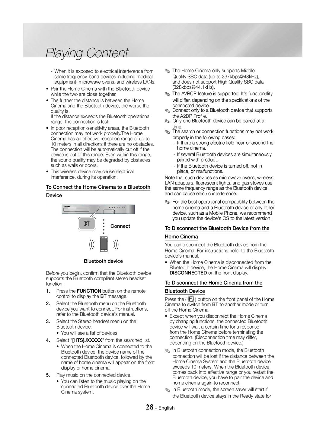 Samsung HT-J4530/EN, HT-J4550/EN, HT-J4500/EN manual To Connect the Home Cinema to a Bluetooth Device 