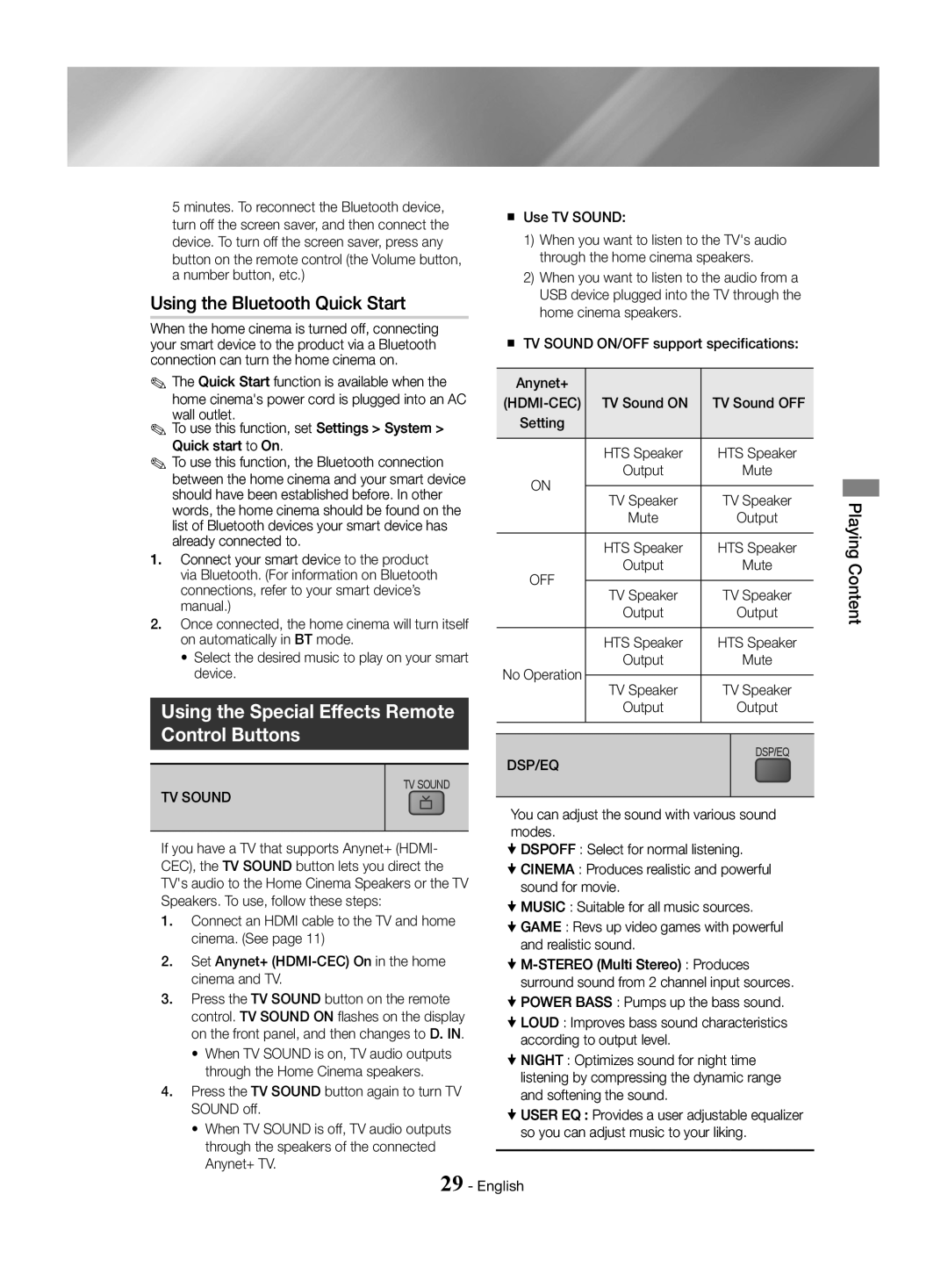 Samsung HT-J4500/EN manual Using the Bluetooth Quick Start, Using the Special Effects Remote, Control Buttons, TV Sound 