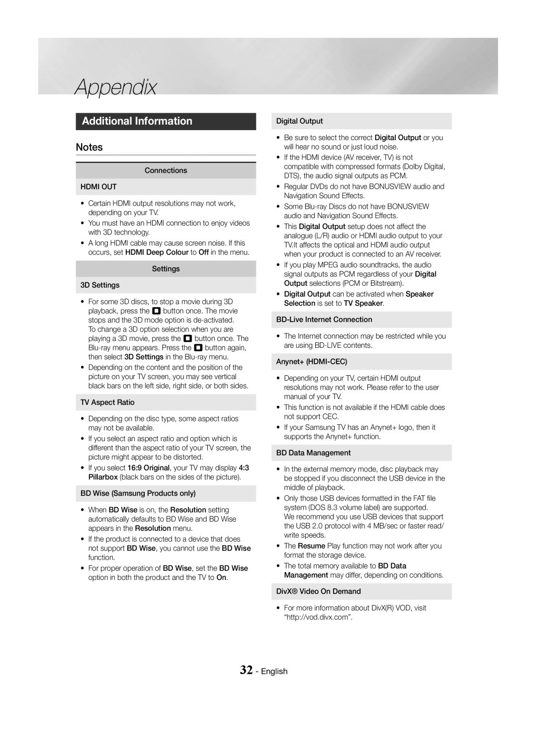 Samsung HT-J4500/EN, HT-J4550/EN, HT-J4530/EN Appendix, Additional Information, Connections, Hdmi OUT, Settings 3D Settings 