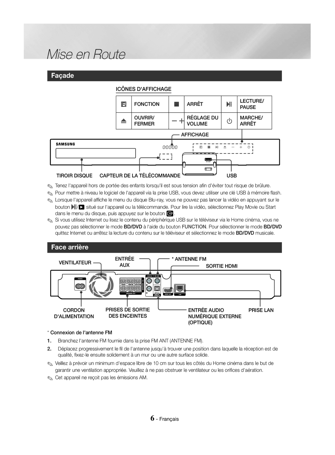 Samsung HT-J4530/EN, HT-J4550/EN, HT-J4500/EN manual Façade, Face arrière 