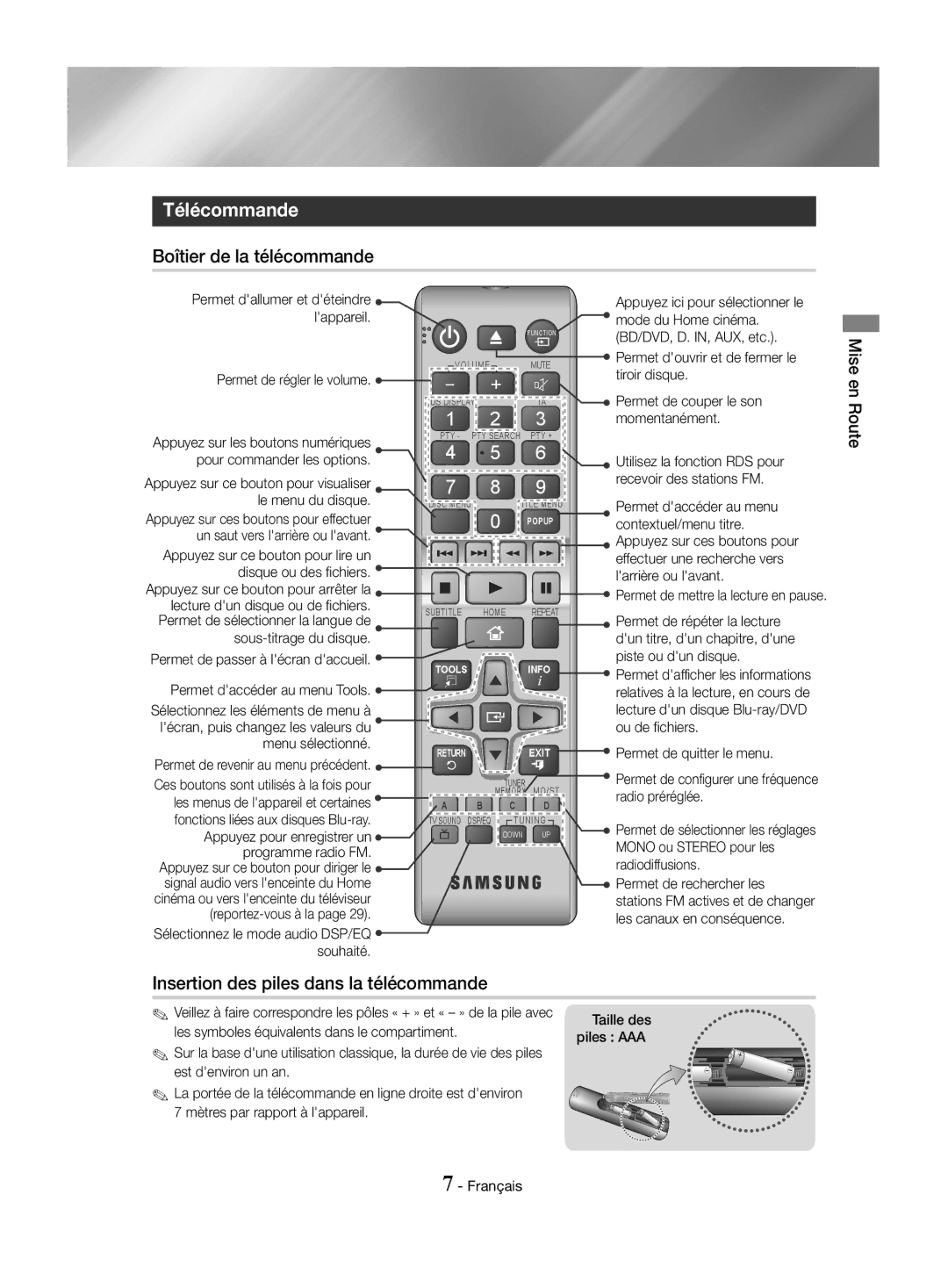 Samsung HT-J4500/EN, HT-J4550/EN manual Télécommande, Boîtier de la télécommande, Insertion des piles dans la télécommande 