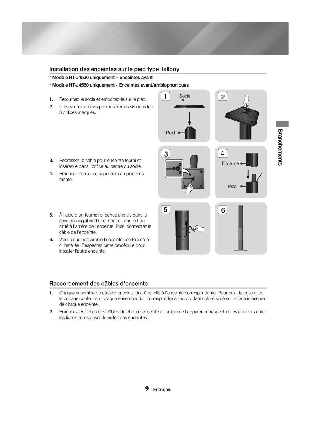 Samsung HT-J4530/EN Installation des enceintes sur le pied type Tallboy, Raccordement des câbles denceinte, Branchements 