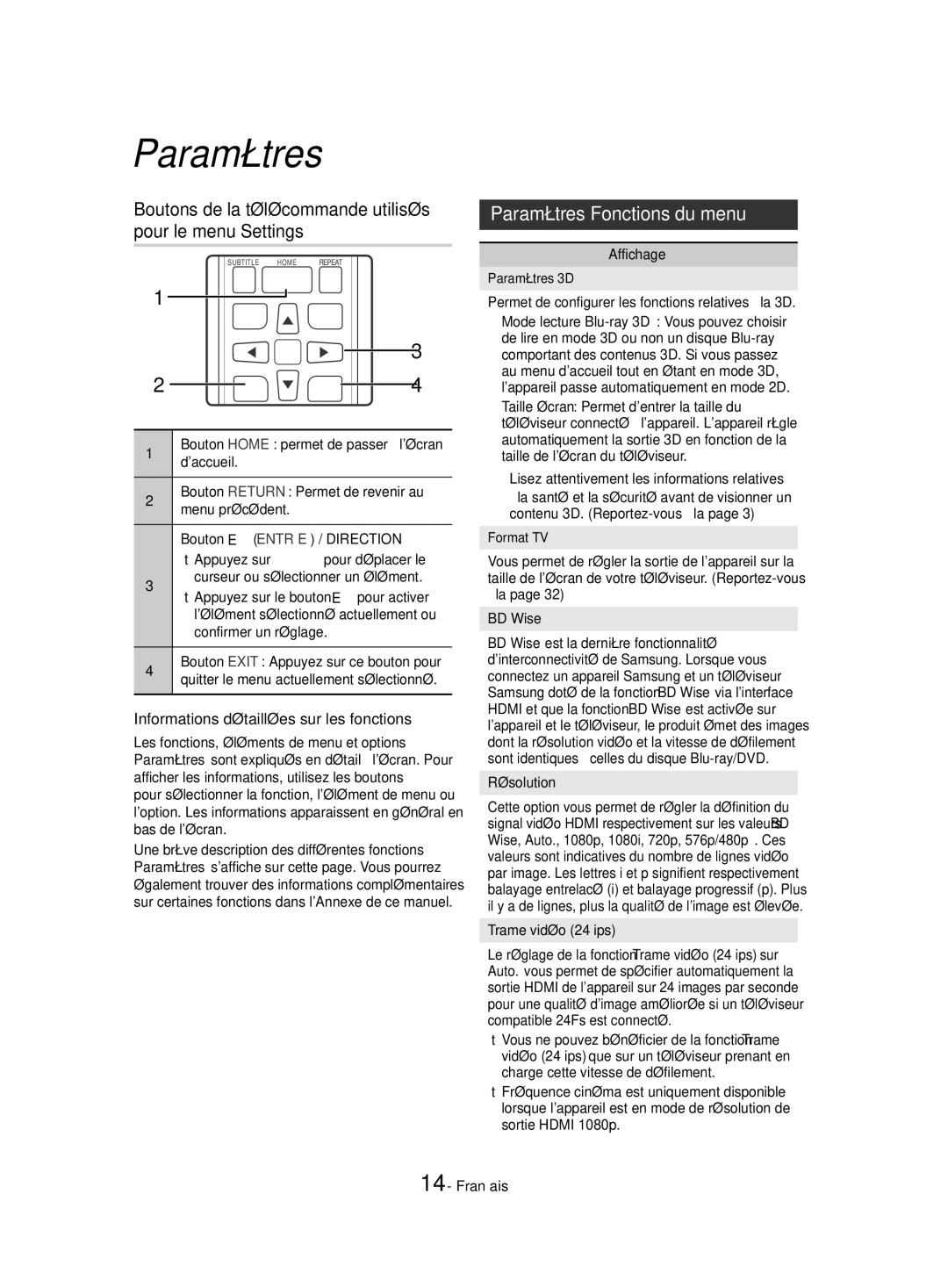 Samsung HT-J4550/EN, HT-J4530/EN Boutons de la télécommande utilisés pour le menu Settings, Paramètres Fonctions du menu 