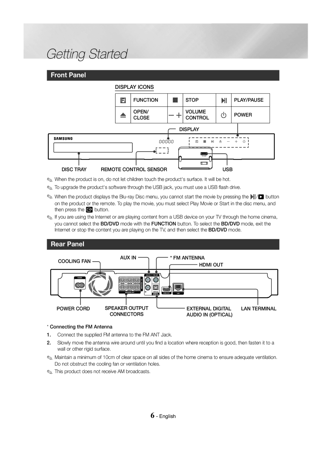 Samsung HT-J4550/EN, HT-J4530/EN, HT-J4500/EN manual Front Panel, Rear Panel 