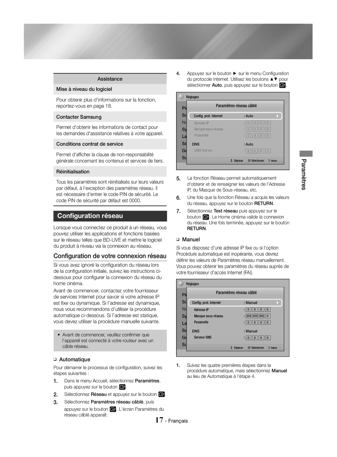 Samsung HT-J4550/EN, HT-J4530/EN Configuration réseau, Configuration de votre connexion réseau, ĞĞ Automatique, ĞĞ Manuel 