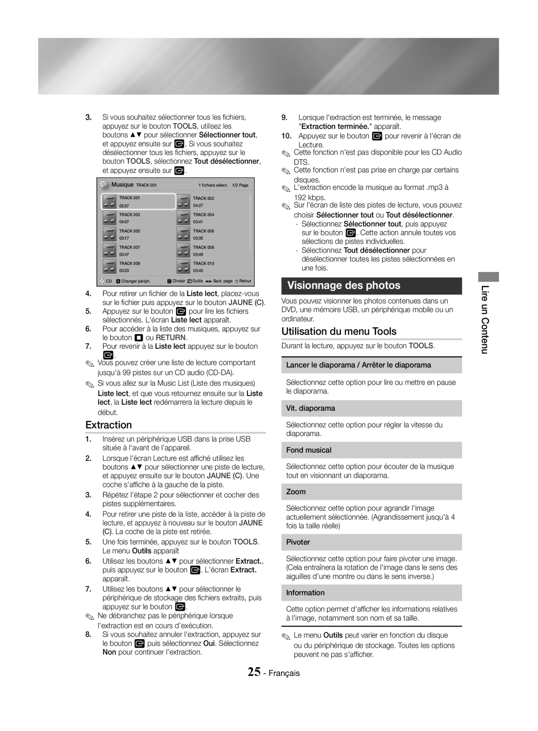 Samsung HT-J4500/EN, HT-J4550/EN, HT-J4530/EN manual Extraction, Visionnage des photos, Information 