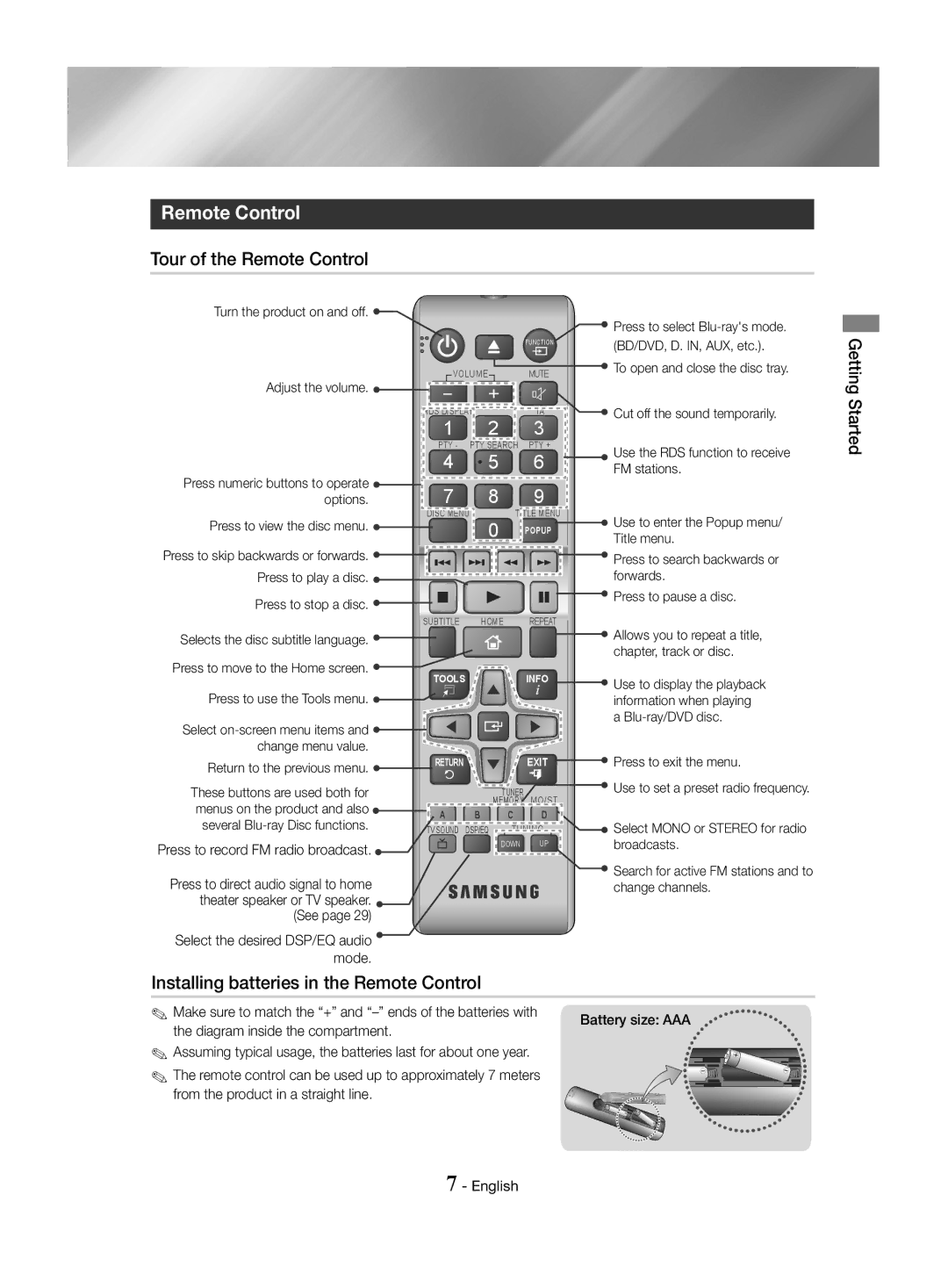 Samsung HT-J4530/EN, HT-J4550/EN, HT-J4500/EN Tour of the Remote Control, Installing batteries in the Remote Control 