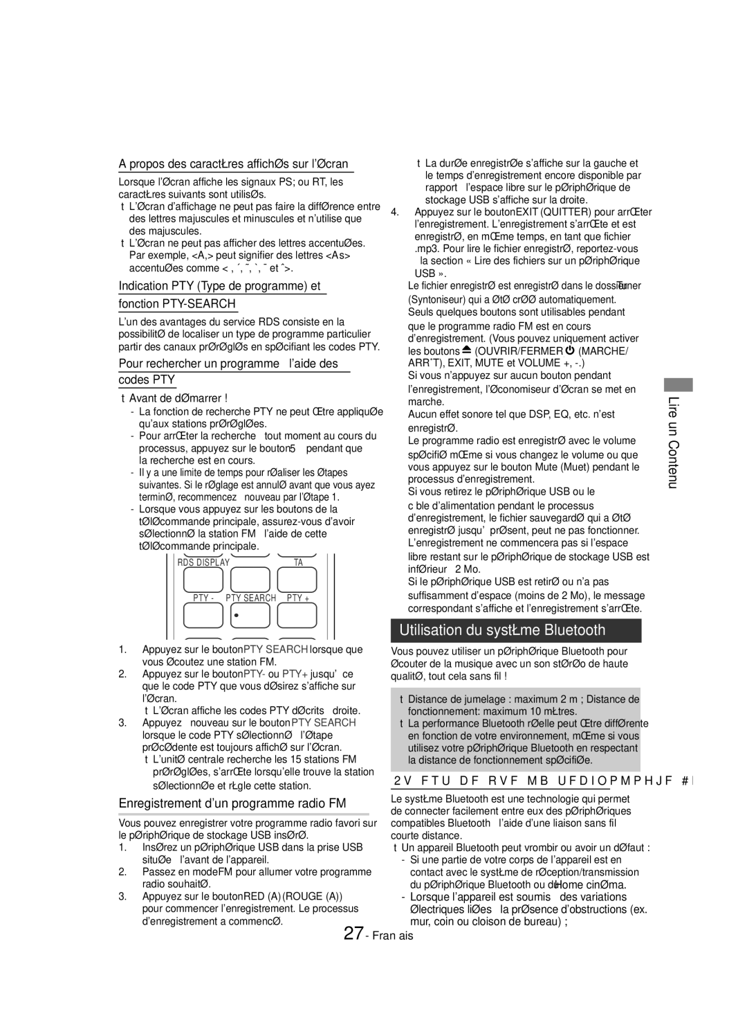 Samsung HT-J4530/EN, HT-J4550/EN, HT-J4500/EN Utilisation du système Bluetooth, Propos des caractères affichés sur lécran 