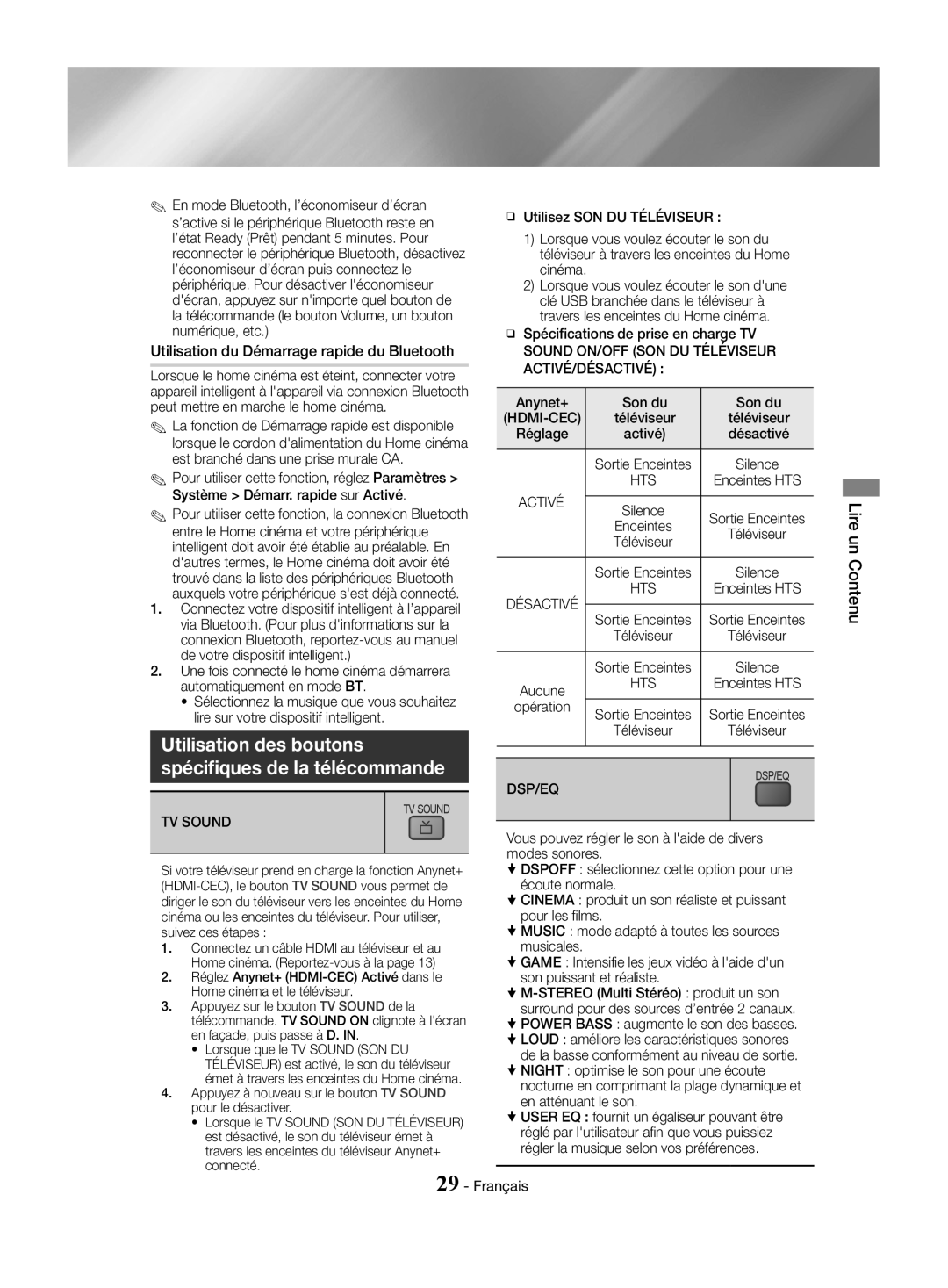 Samsung HT-J4550/EN Spécifiques de la télécommande, Utilisation du Démarrage rapide du Bluetooth, Activé/Désactivé, Dsp/Eq 