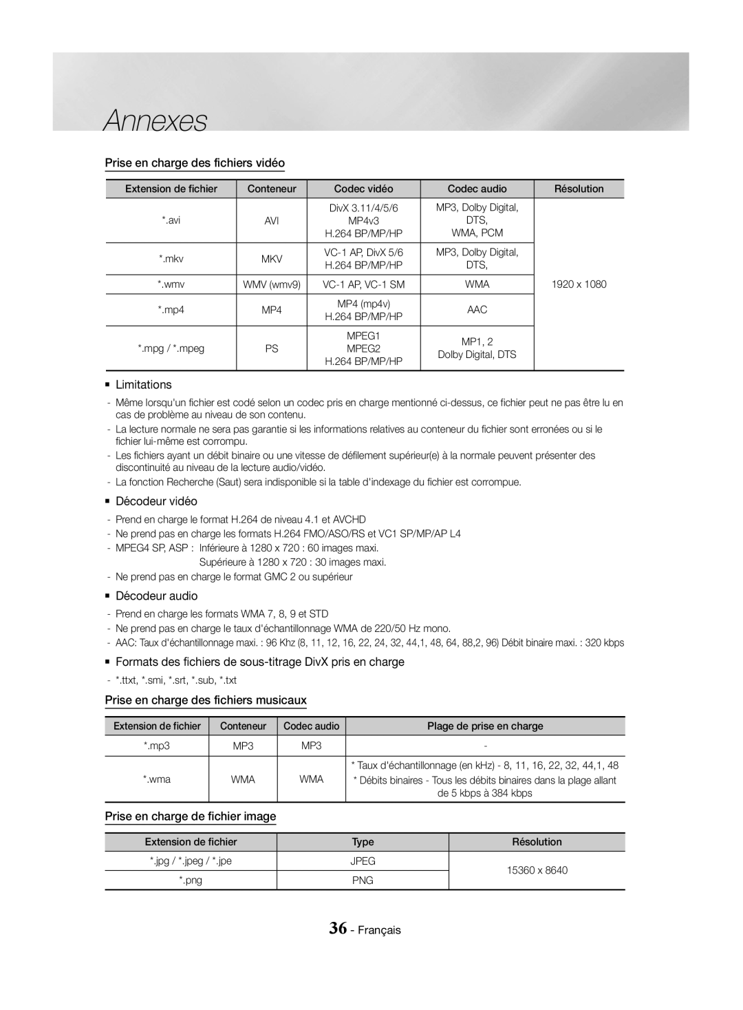 Samsung HT-J4530/EN, HT-J4550/EN, HT-J4500/EN manual Prise en charge des fichiers vidéo, `` Décodeur vidéo, `` Décodeur audio 