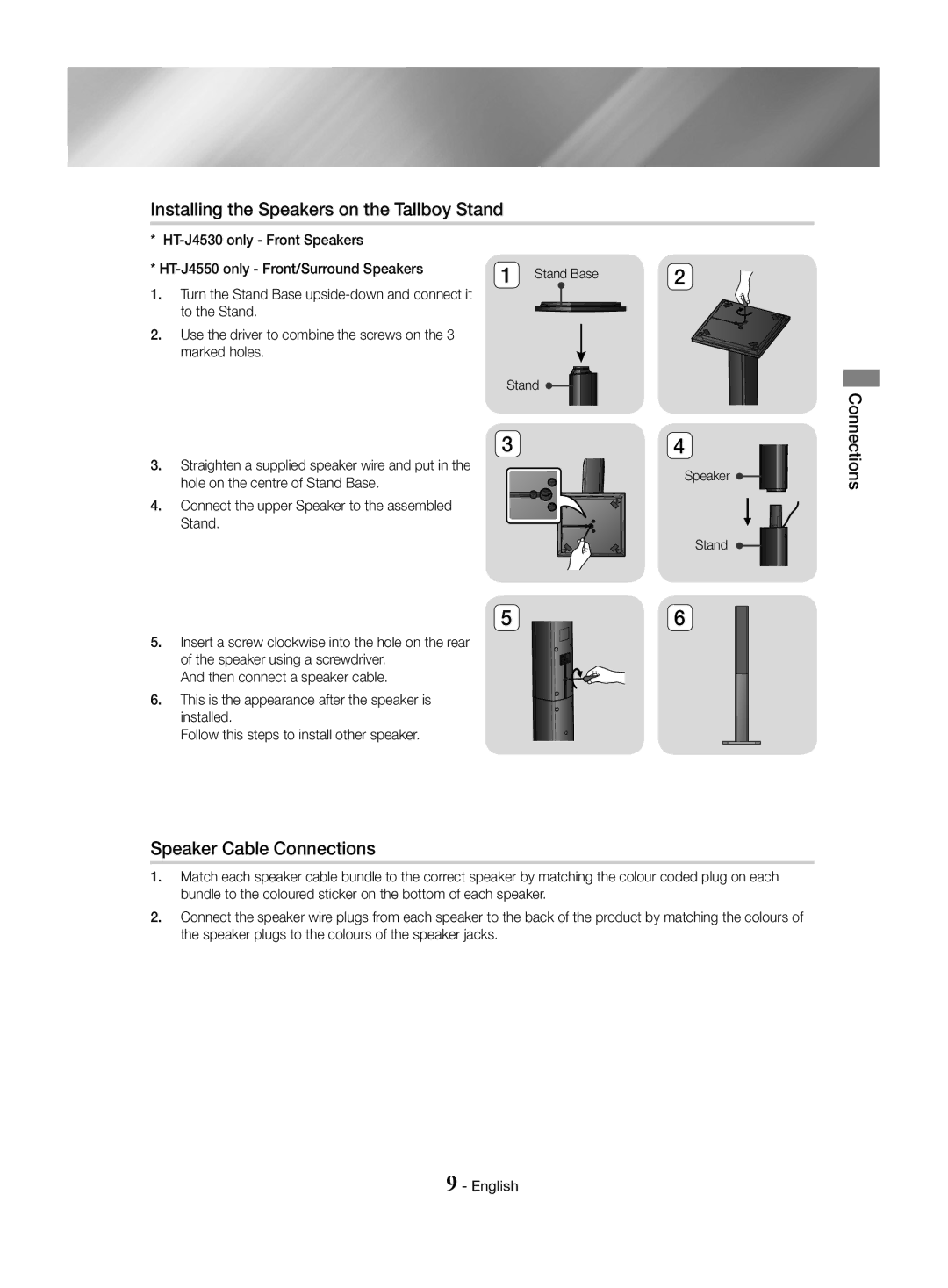 Samsung HT-J4550/EN manual Installing the Speakers on the Tallboy Stand, Speaker Cable Connections, Stand Base Speaker 