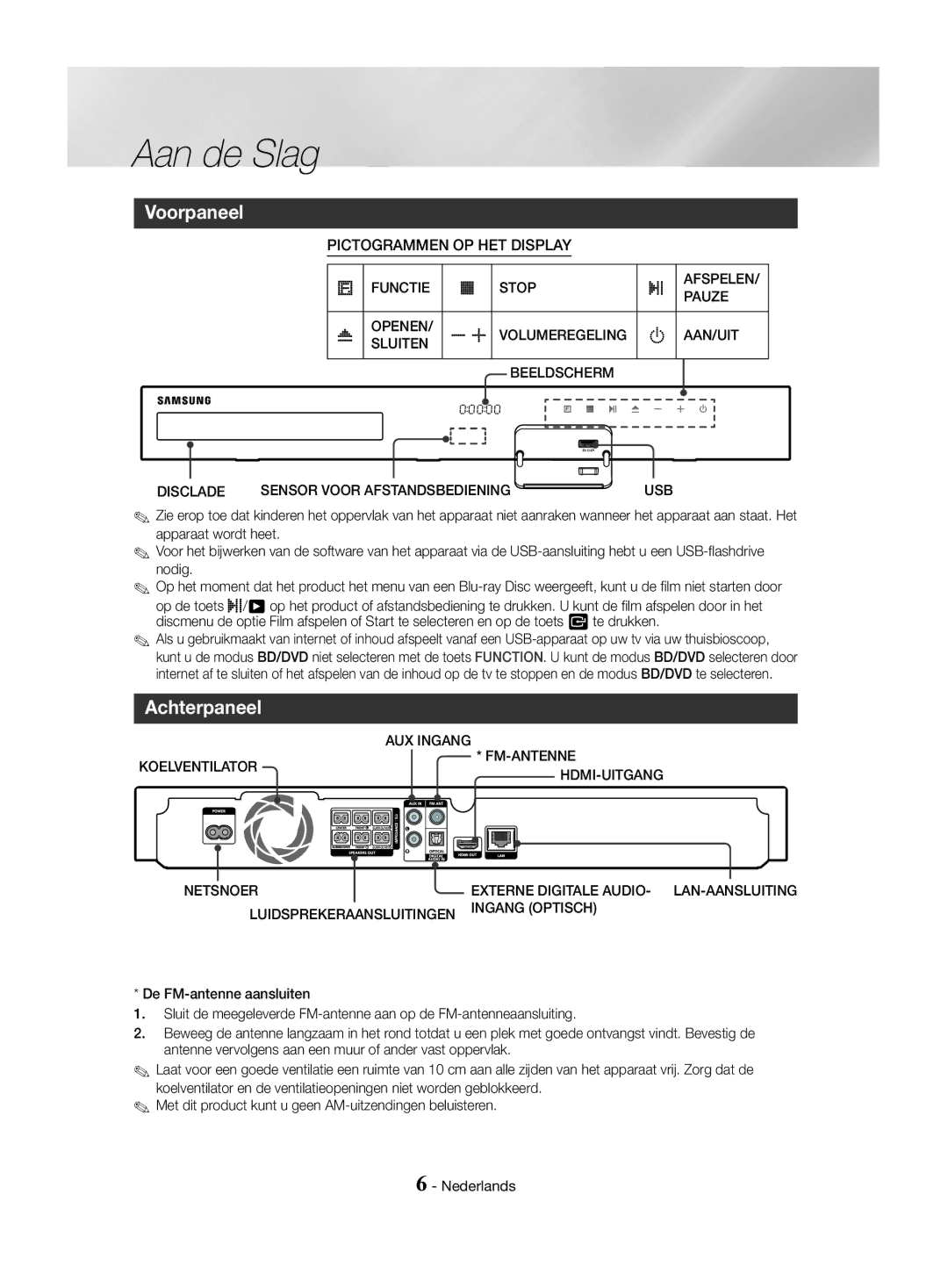 Samsung HT-J4500/EN, HT-J4550/EN, HT-J4530/EN manual Voorpaneel, Achterpaneel 