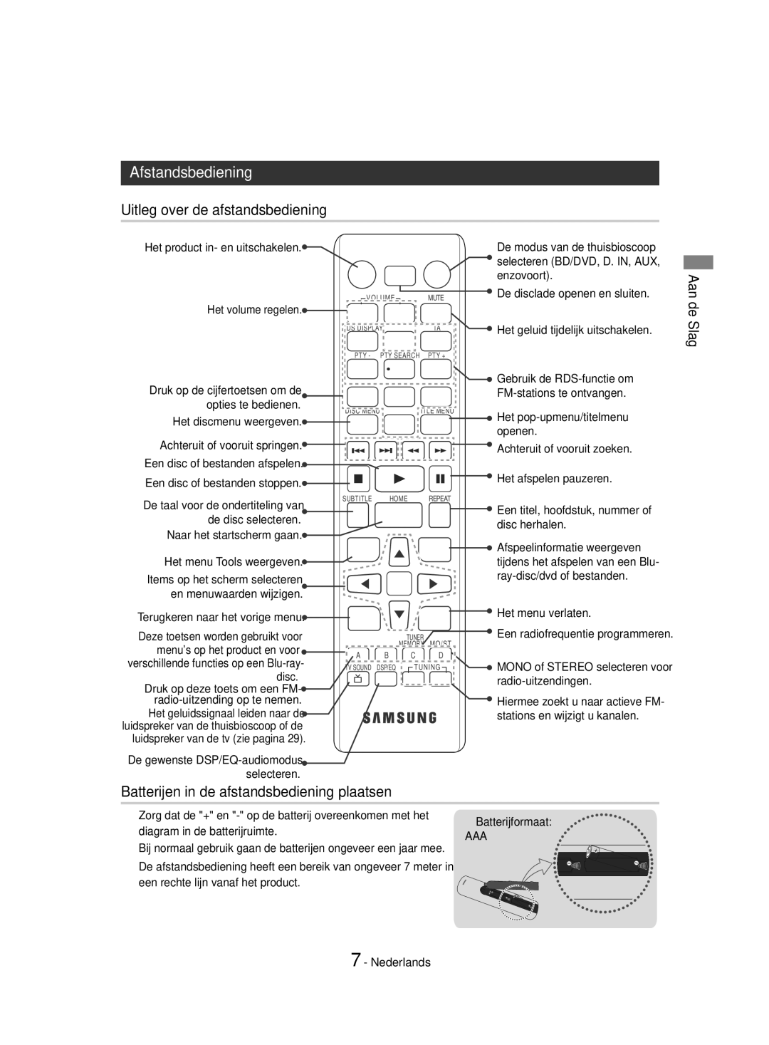 Samsung HT-J4550/EN Afstandsbediening, Uitleg over de afstandsbediening, Batterijen in de afstandsbediening plaatsen, Aaa 