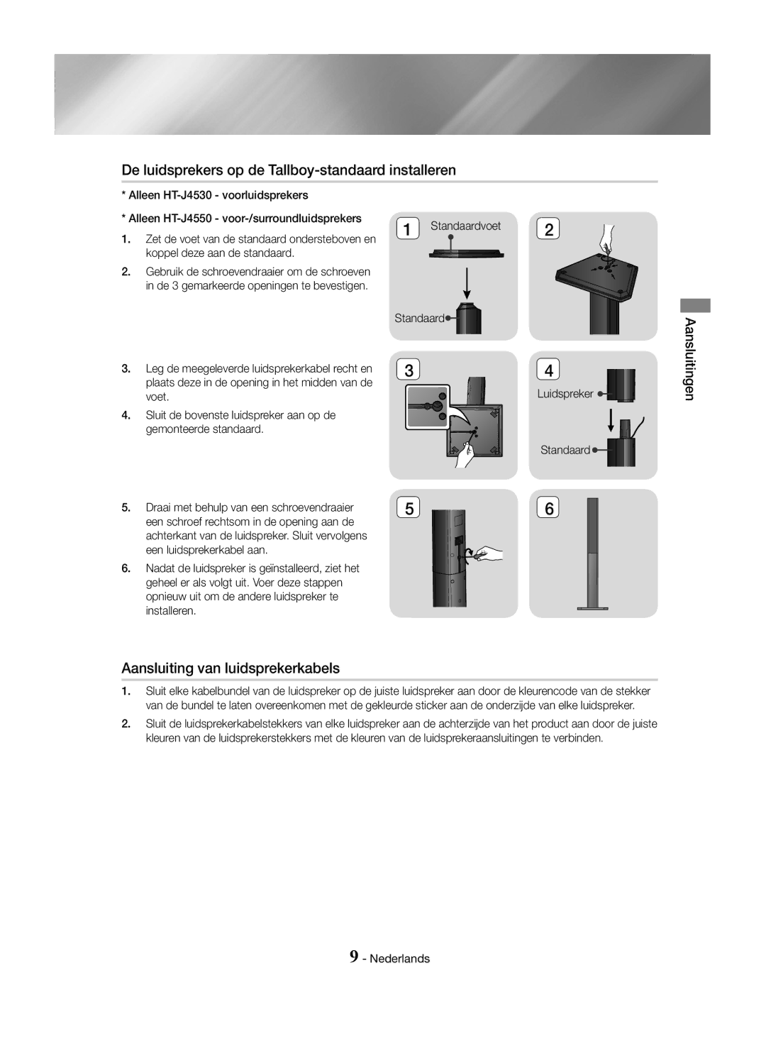 Samsung HT-J4500/EN, HT-J4550/EN De luidsprekers op de Tallboy-standaard installeren, Aansluiting van luidsprekerkabels 