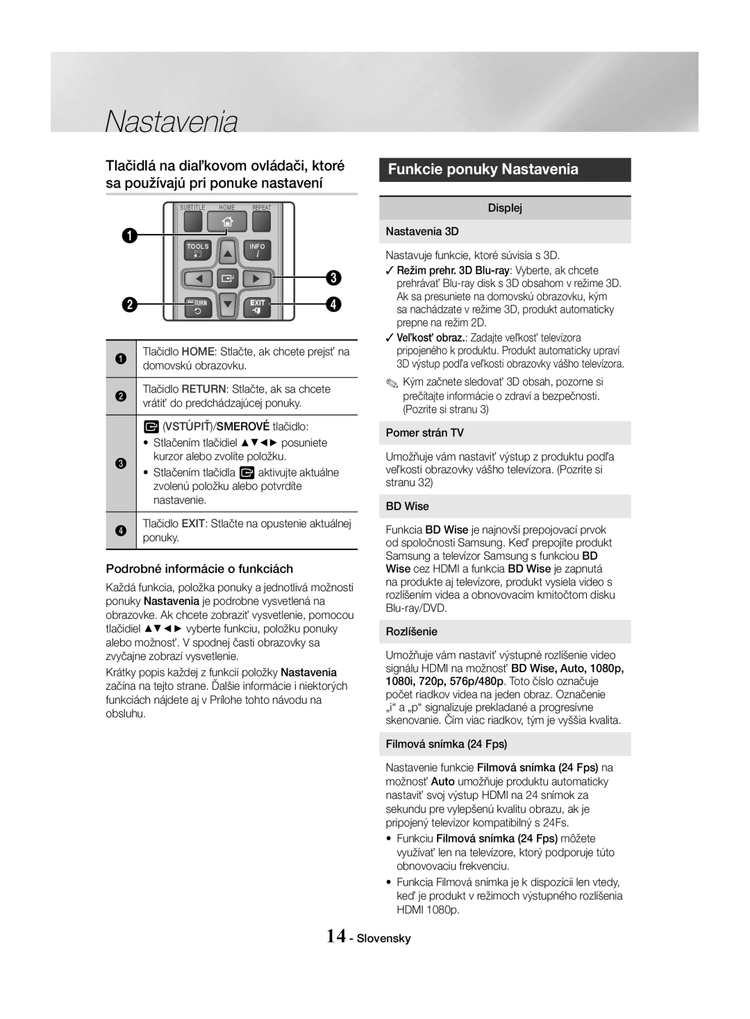 Samsung HT-J4530/EN, HT-J4550/EN, HT-J4500/EN manual Funkcie ponuky Nastavenia, Podrobné informácie o funkciách 