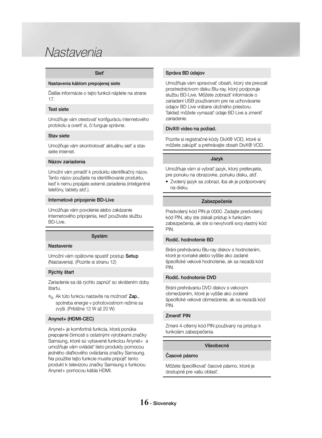 Samsung HT-J4550/EN, HT-J4530/EN, HT-J4500/EN manual Sieť, Jazyk, Nastavenia káblom prepojenej siete 