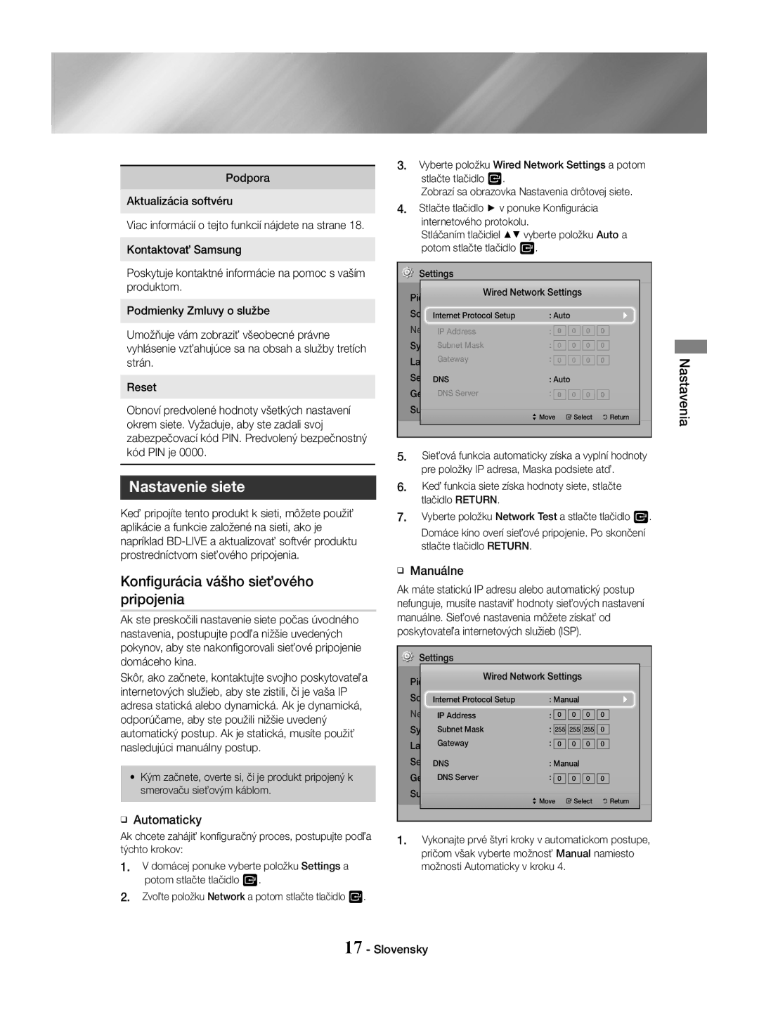 Samsung HT-J4530/EN, HT-J4550/EN Nastavenie siete, Konfigurácia vášho sieťového pripojenia, ĞĞ Automaticky, ĞĞ Manuálne 