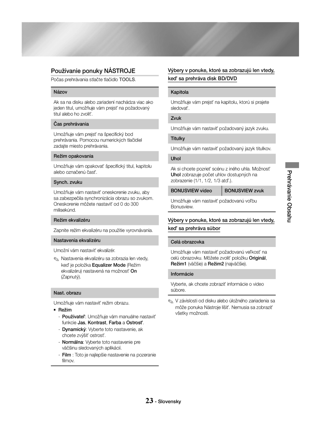 Samsung HT-J4530/EN, HT-J4550/EN, HT-J4500/EN manual Používanie ponuky Nástroje 