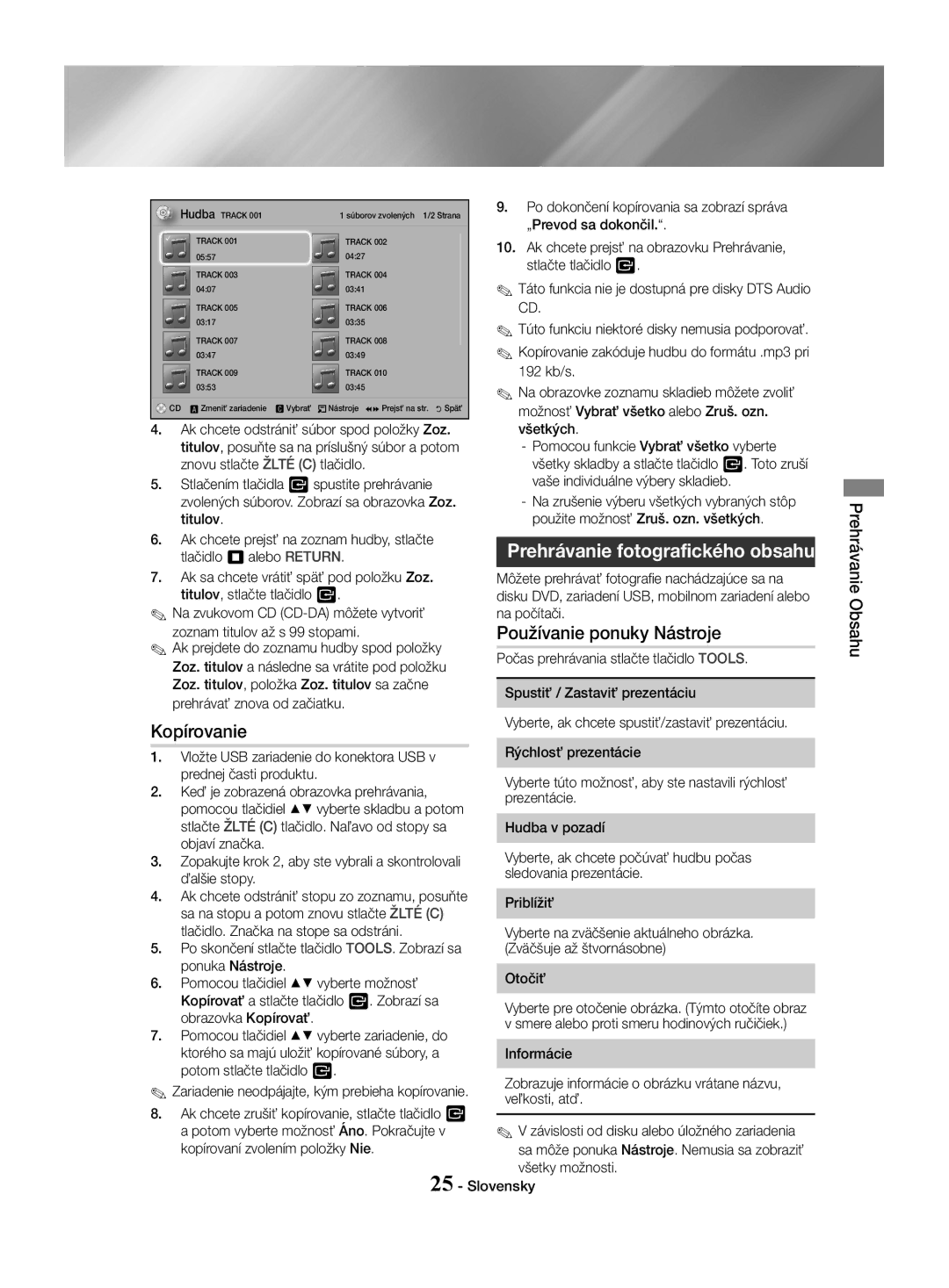 Samsung HT-J4550/EN, HT-J4530/EN, HT-J4500/EN manual Kopírovanie, Prehrávanie fotografického obsahu 