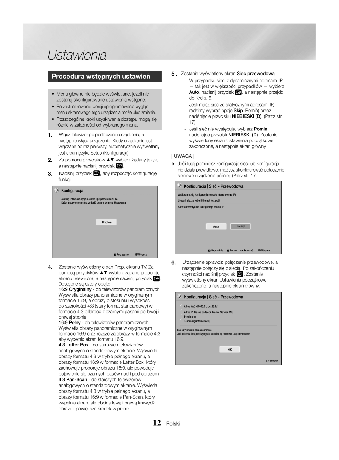 Samsung HT-J4550/EN, HT-J4530/EN, HT-J4500/EN manual Ustawienia, Procedura wstępnych ustawień 