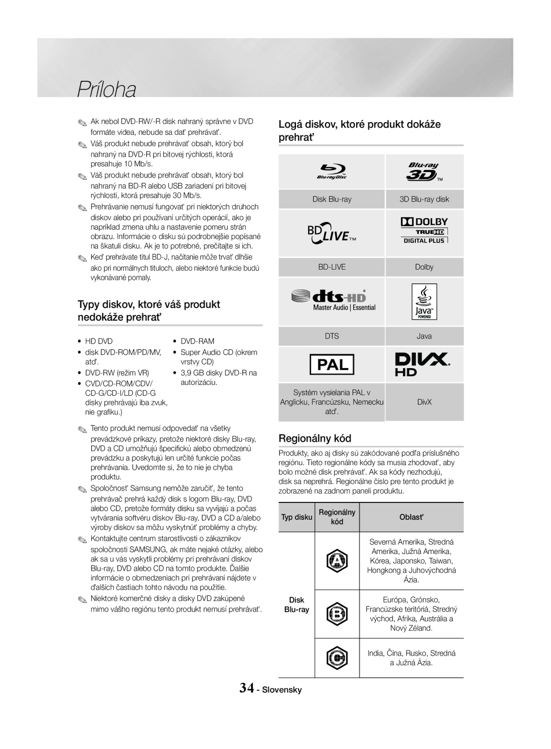 Samsung HT-J4550/EN manual Logá diskov, ktoré produkt dokáže, Prehrať, Typy diskov, ktoré váš produkt Nedokáže prehrať 