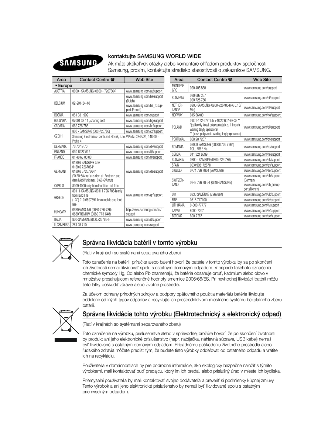 Samsung HT-J4550/EN, HT-J4530/EN, HT-J4500/EN Správna likvidácia batérií v tomto výrobku, Kontaktujte Samsung World Wide 