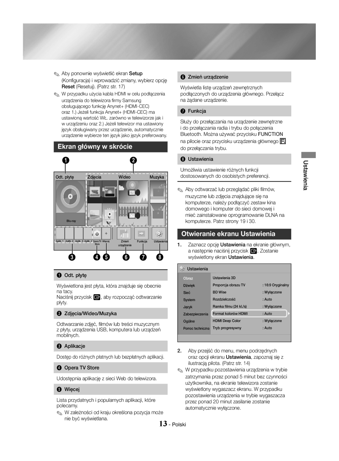 Samsung HT-J4530/EN Ekran główny w skrócie, Otwieranie ekranu Ustawienia, Do przełączania trybu Ustawienia, Opera TV Store 