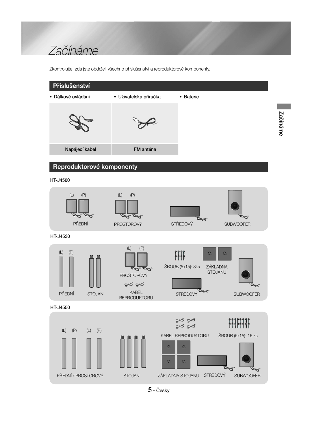 Samsung HT-J4500/EN, HT-J4550/EN, HT-J4530/EN manual Začínáme, Příslušenství, Reproduktorové komponenty 