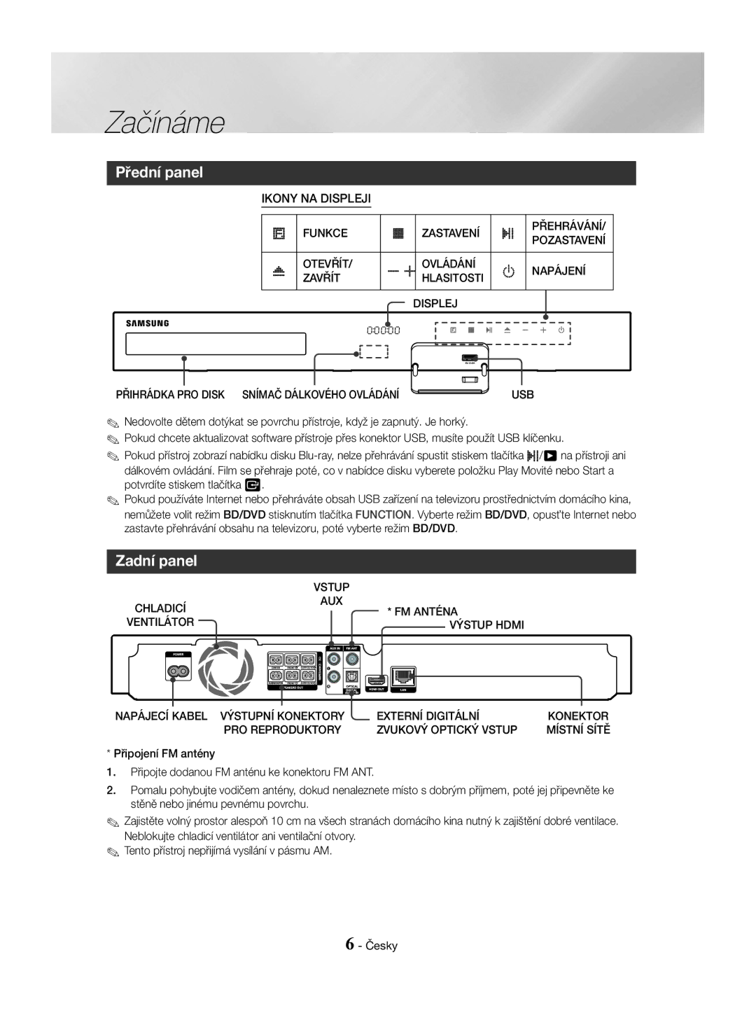 Samsung HT-J4550/EN, HT-J4530/EN, HT-J4500/EN manual Přední panel, Zadní panel 