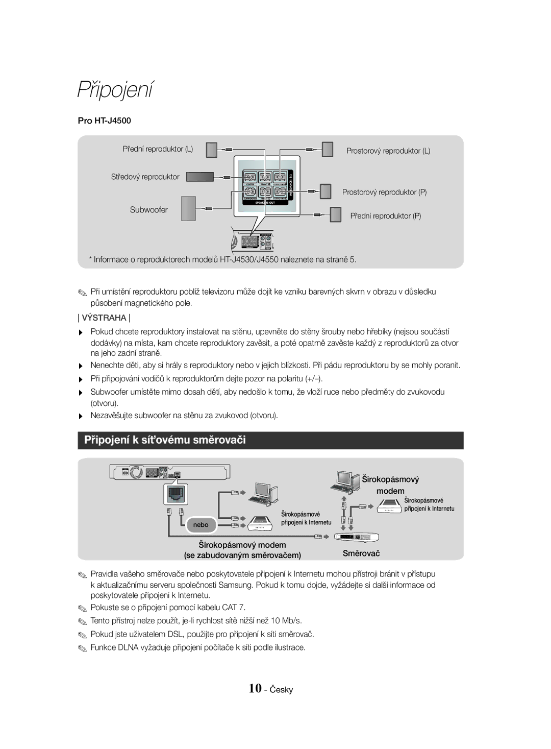 Samsung HT-J4530/EN, HT-J4550/EN, HT-J4500/EN manual Připojení k síťovému směrovači, Pro HT-J4500, Širokopásmový, 10 Česky 