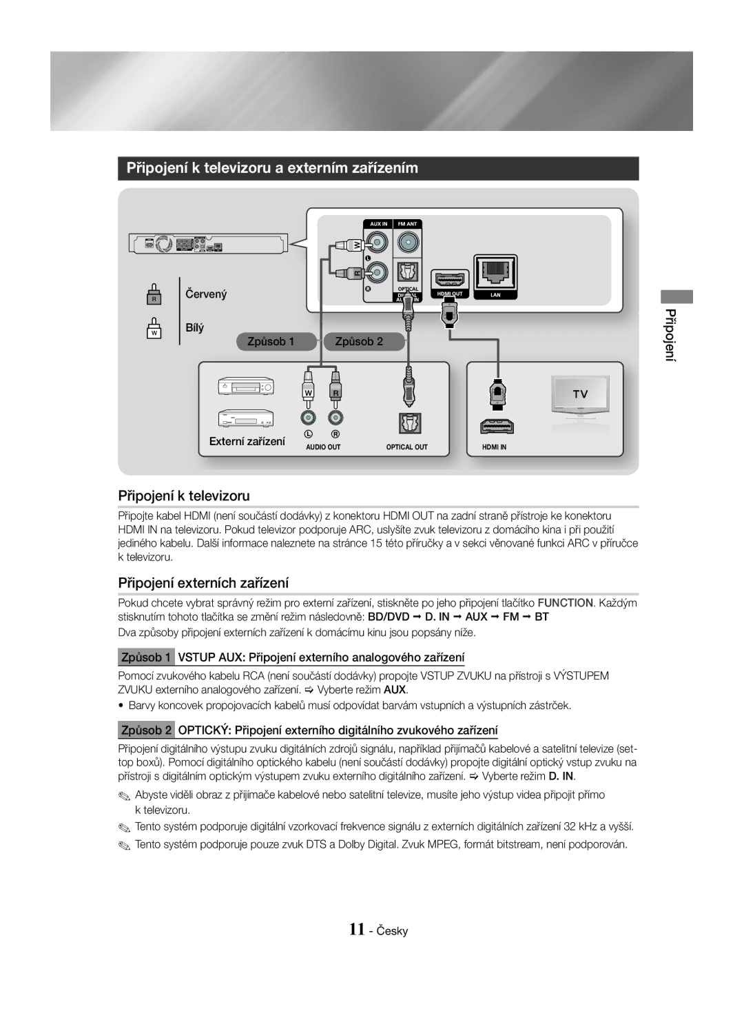 Samsung HT-J4500/EN, HT-J4550/EN, HT-J4530/EN Připojení k televizoru a externím zařízením, Připojení externích zařízení 