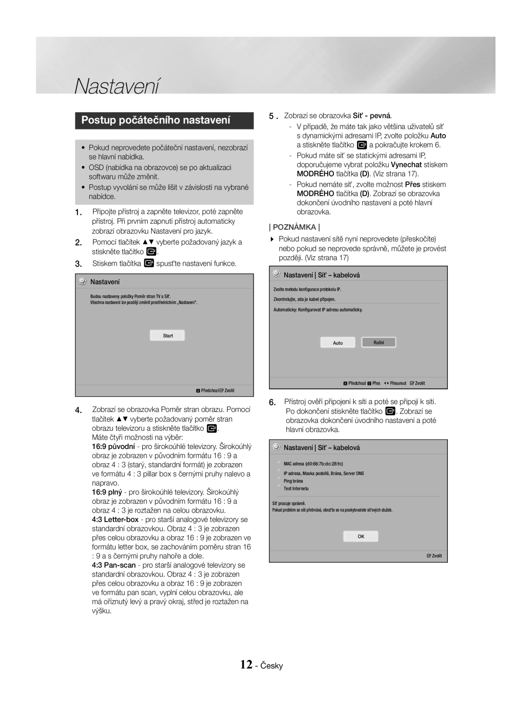 Samsung HT-J4550/EN, HT-J4530/EN, HT-J4500/EN manual Nastavení, Postup počátečního nastavení, 12 Česky 