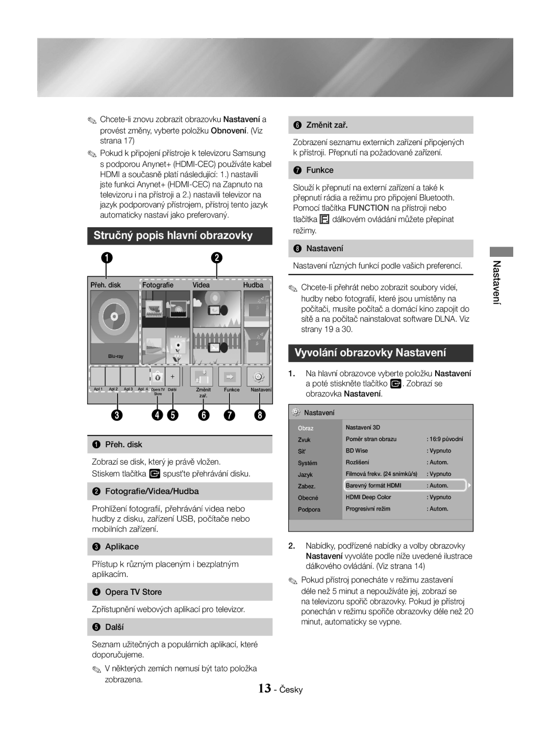 Samsung HT-J4530/EN, HT-J4550/EN, HT-J4500/EN manual Stručný popis hlavní obrazovky, Vyvolání obrazovky Nastavení 