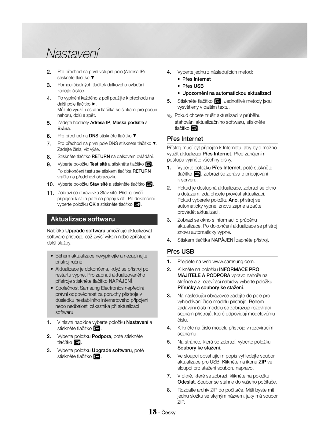 Samsung HT-J4550/EN, HT-J4530/EN, HT-J4500/EN manual Aktualizace softwaru, Přes Internet, Přes USB 