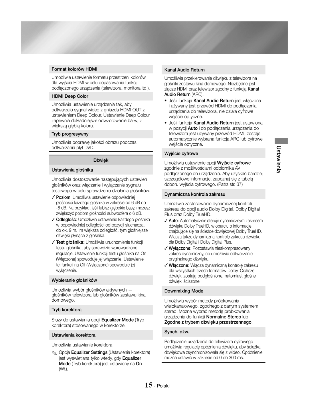 Samsung HT-J4550/EN, HT-J4530/EN, HT-J4500/EN manual Ustawienia 