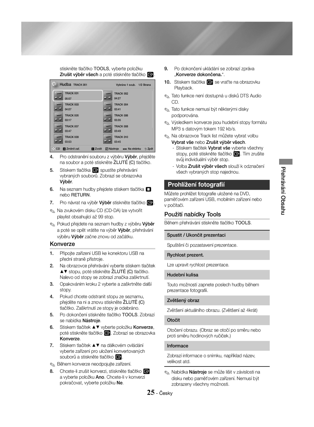 Samsung HT-J4530/EN, HT-J4550/EN manual Prohlížení fotografií, Obsahu, Opakováním kroku 2 vyberte a zaškrtněte další stopy 