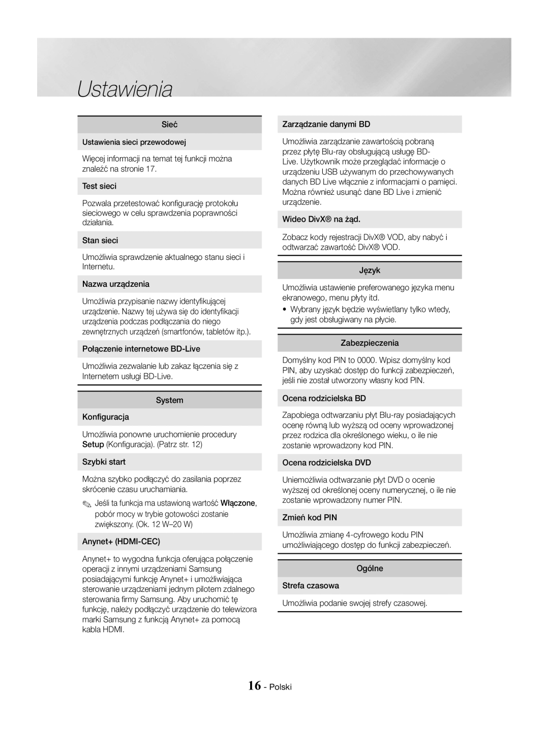 Samsung HT-J4530/EN manual Sieć, Połączenie internetowe BD-Live, System Konfiguracja, Ocena rodzicielska BD, Zmień kod PIN 