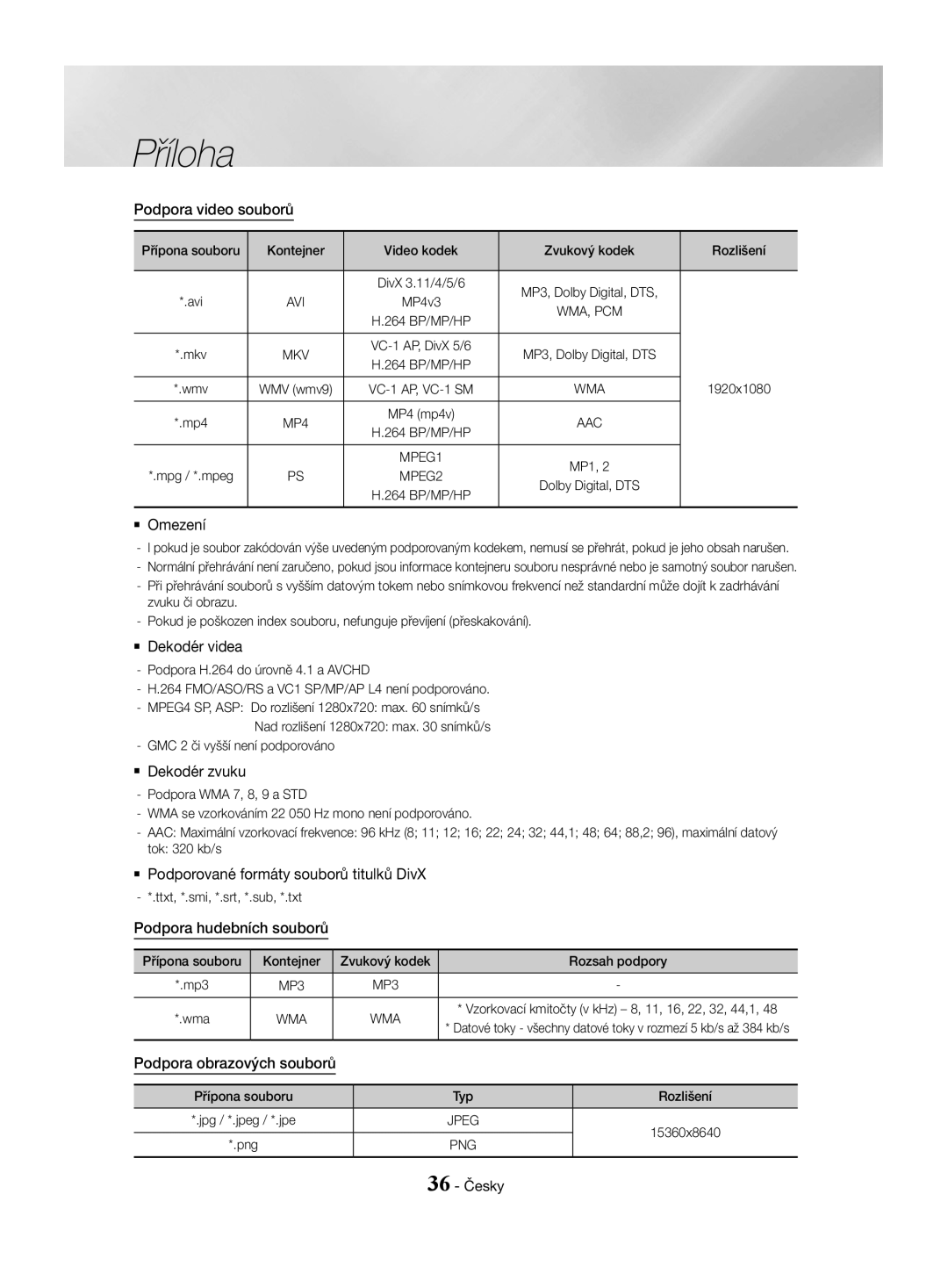 Samsung HT-J4550/EN manual Podpora video souborů, `` Omezení, `` Dekodér videa, `` Dekodér zvuku, Podpora hudebních souborů 