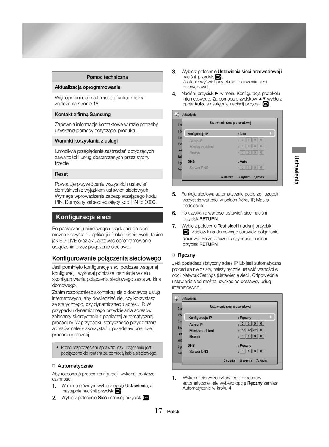 Samsung HT-J4500/EN, HT-J4550/EN Konfiguracja sieci, Konfigurowanie połączenia sieciowego, ĞĞ Automatycznie, ĞĞ Ręczny 