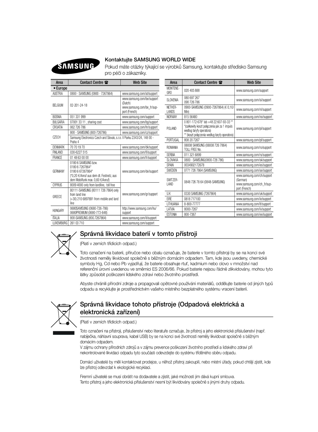 Samsung HT-J4530/EN, HT-J4550/EN, HT-J4500/EN Správná likvidace baterií v tomto přístroji, Platí v zemích třídicích odpad 