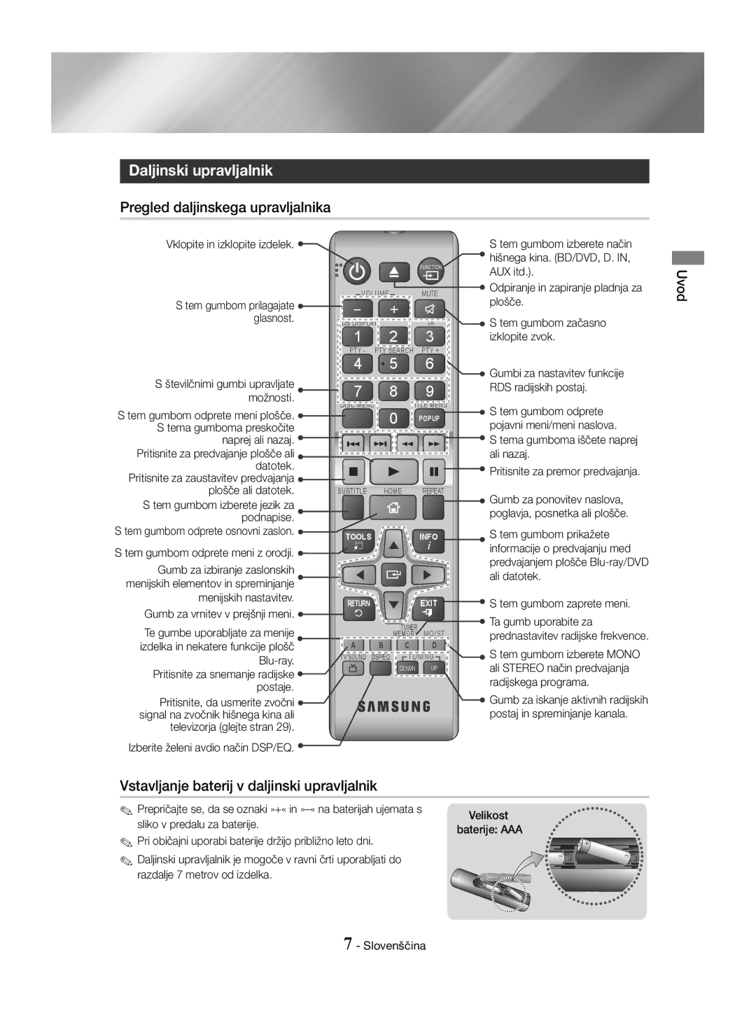 Samsung HT-J4500/EN, HT-J4550/EN, HT-J4530/EN manual Daljinski upravljalnik, Pregled daljinskega upravljalnika 