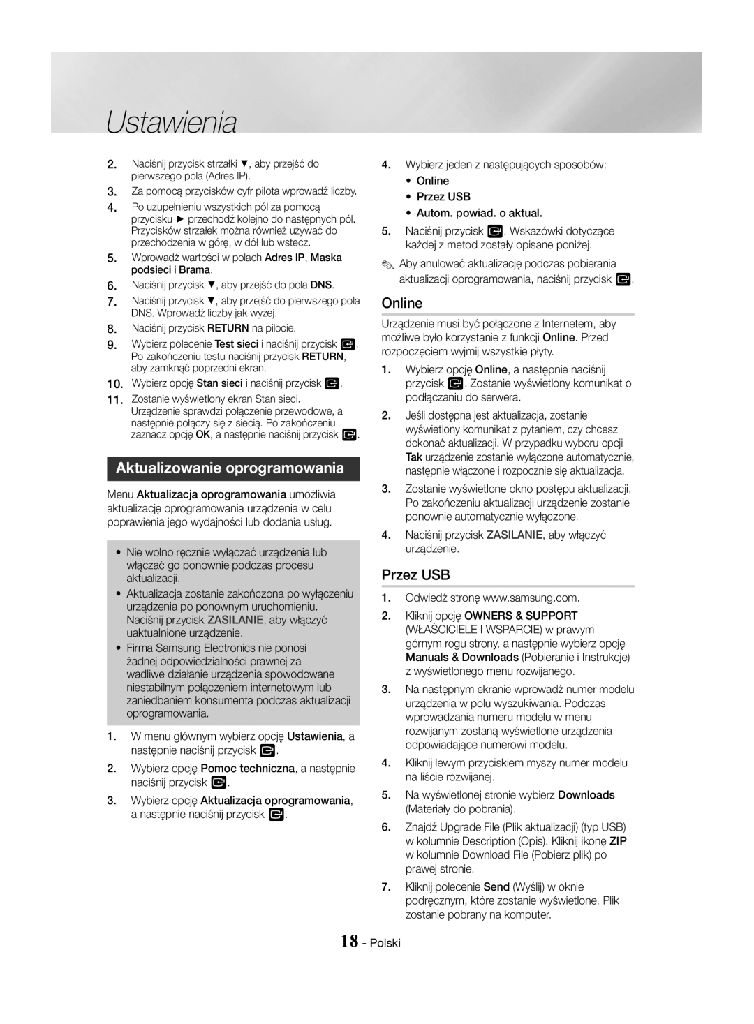 Samsung HT-J4550/EN, HT-J4530/EN, HT-J4500/EN manual Aktualizowanie oprogramowania, Online, Przez USB 