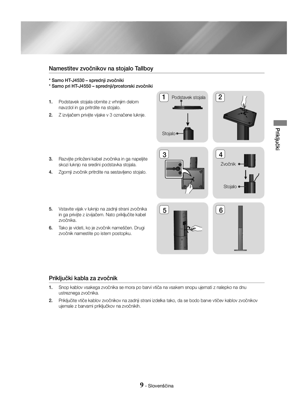 Samsung HT-J4530/EN, HT-J4550/EN, HT-J4500/EN manual Namestitev zvočnikov na stojalo Tallboy, Priključki kabla za zvočnik 