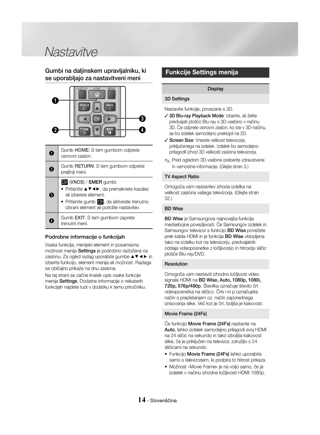 Samsung HT-J4550/EN, HT-J4530/EN, HT-J4500/EN manual Funkcije Settings menija, Podrobne informacije o funkcijah 