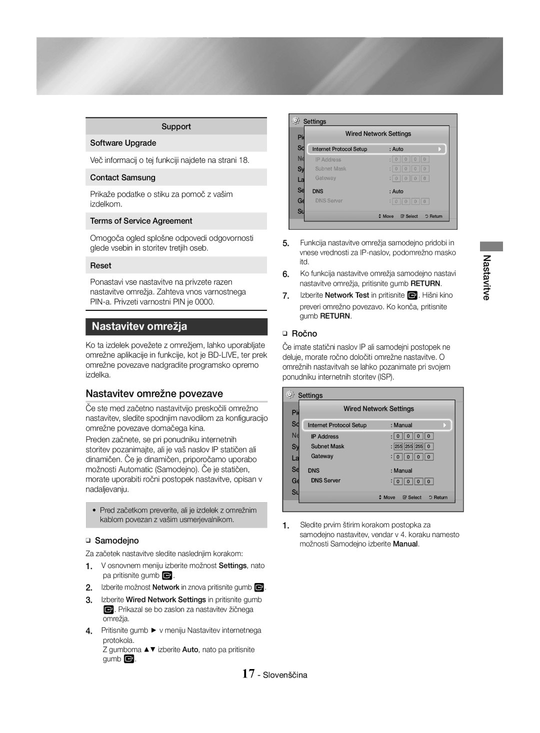 Samsung HT-J4550/EN, HT-J4530/EN, HT-J4500/EN manual Nastavitev omrežja, Nastavitev omrežne povezave, ĞĞ Samodejno, ĞĞ Ročno 