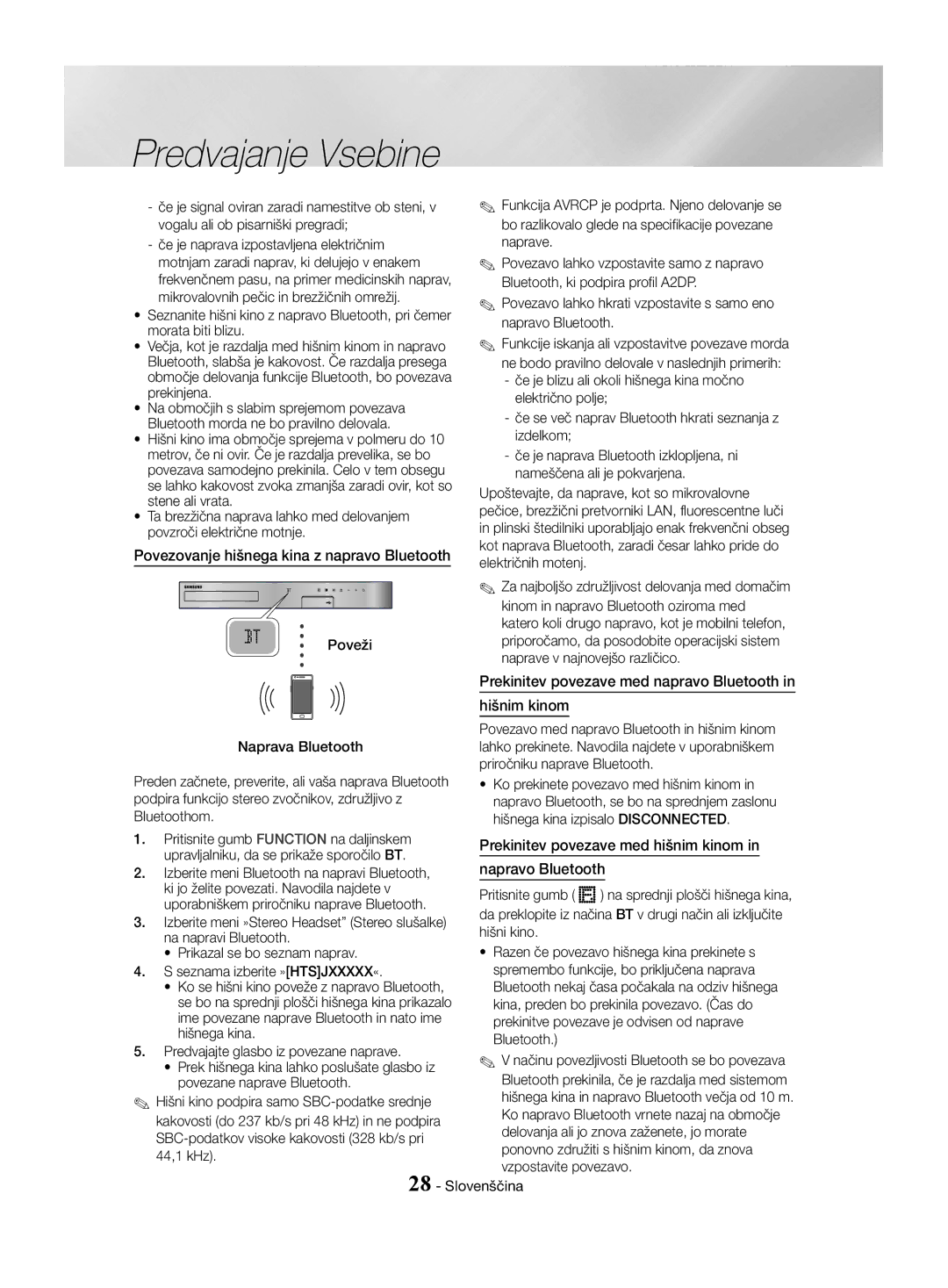 Samsung HT-J4500/EN manual Povezovanje hišnega kina z napravo Bluetooth, Hišnim kinom, Prekinitev povezave med hišnim kinom 