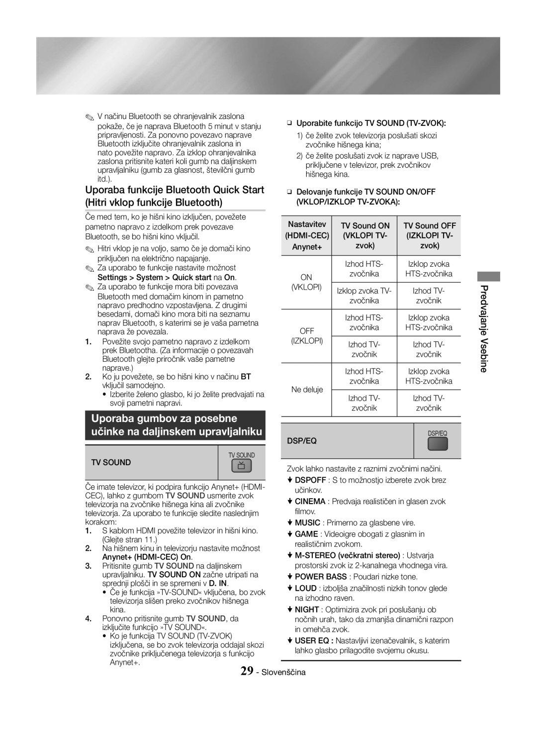 Samsung HT-J4550/EN Uporaba funkcije Bluetooth Quick Start, Uporaba gumbov za posebne, Učinke na daljinskem upravljalniku 