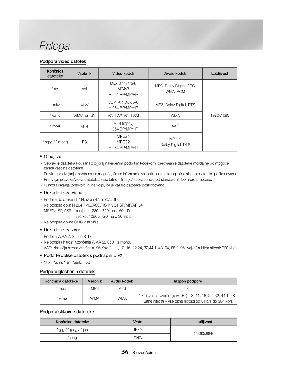 Samsung HT-J4530/EN, HT-J4550/EN manual Podpora video datotek, `` Omejitve, `` Dekodirnik za video, `` Dekodirnik za zvok 