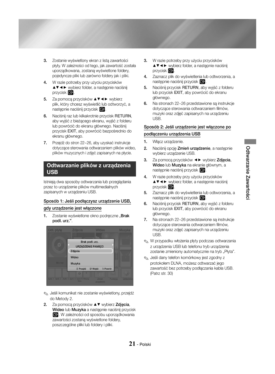 Samsung HT-J4550/EN, HT-J4530/EN, HT-J4500/EN manual Odtwarzanie plików z urządzenia, Odtwarzanie Zawartości 